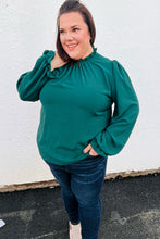 Load image into Gallery viewer, Be Merry Hunter Green Frill Mock Neck Crinkle Top
