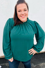 Load image into Gallery viewer, Be Merry Hunter Green Frill Mock Neck Crinkle Top
