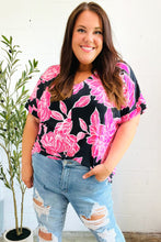 Load image into Gallery viewer, Tropical Vibes Black &amp; Hot Pink Floral V Neck Top
