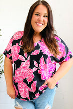 Load image into Gallery viewer, Tropical Vibes Black &amp; Hot Pink Floral V Neck Top
