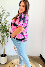 Load image into Gallery viewer, Tropical Vibes Black &amp; Hot Pink Floral V Neck Top
