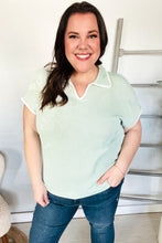 Load image into Gallery viewer, Weekend Ready Sage Collar Notch Neck Waffle Knit Top
