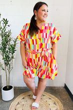 Load image into Gallery viewer, Eyes On You Coral &amp; Yellow Geo Abstract Surplice Woven Romper
