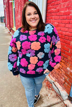 Load image into Gallery viewer, Feeling Joyful Navy &amp; Fuchsia Embroidered Sherpa Flower Pullover
