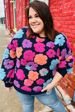 Load image into Gallery viewer, Feeling Joyful Navy &amp; Fuchsia Embroidered Sherpa Flower Pullover
