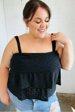 Load image into Gallery viewer, Black Eyelet Tiered Sleeveless Lined Top
