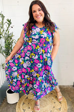 Load image into Gallery viewer, Diva Dreams Navy &amp; Lilac Floral Fit &amp; Flare Midi Dress
