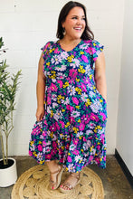 Load image into Gallery viewer, Diva Dreams Navy &amp; Lilac Floral Fit &amp; Flare Midi Dress
