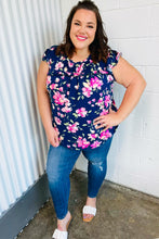 Load image into Gallery viewer, Navy &amp; Pink Floral Print Frilled Short Sleeve Yoke Top
