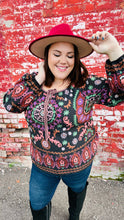 Load image into Gallery viewer, Take The Leap Black &amp; Mauve Border Print Boho Tie Top
