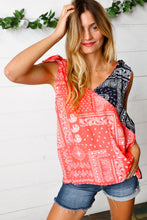 Load image into Gallery viewer, Coral &amp; Navy Paisley Shoulder Tie Top
