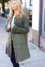 Load image into Gallery viewer, Olive Cotton Button Down Tiered Cut-Edge Long Jacket
