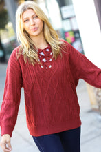 Load image into Gallery viewer, Rust Cable Knit Lace Up V Neck Sweater

