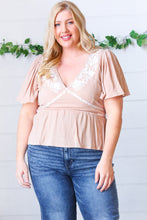 Load image into Gallery viewer, Taupe Crinkle Embroidered Smocked Babydoll Top
