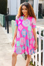 Load image into Gallery viewer, Find Love Hot Pink Abstract Print Frill Notch Neck Dress
