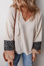 Load image into Gallery viewer, Little Daisy Closet - LDC Floral Patchwork Textured Knit Drawstring V Neck Blouse
