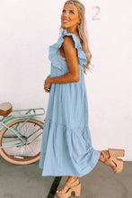Load image into Gallery viewer, Lovesoft - Sky Blue Ruffled Flutter Sleeve Square Neck Textured Tiered Maxi Dress
