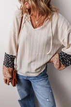 Load image into Gallery viewer, Little Daisy Closet - LDC Floral Patchwork Textured Knit Drawstring V Neck Blouse
