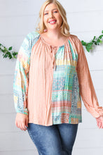 Load image into Gallery viewer, Peach &amp; Mint Floral Color Block Raglan Peasant Top

