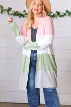 Load image into Gallery viewer, Sage Wide Stripe Terry Color Block Open Cardigan
