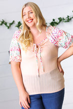 Load image into Gallery viewer, Peach &amp; Floral Tie Neck Bubble Sleeve Top
