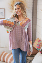 Load image into Gallery viewer, Burgundy Floral Stripe Two Tone Bell Sleeve Knit Top
