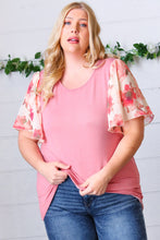 Load image into Gallery viewer, Mauve Rib Floral Chiffon Flutter Sleeve Knit Top
