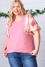 Load image into Gallery viewer, Mauve Rib Floral Chiffon Flutter Sleeve Knit Top
