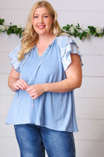 Load image into Gallery viewer, Blue Floral &amp; Stripe V Neck Tie Double Flutter Sleeve Top
