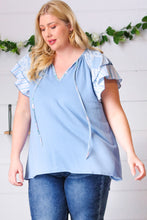 Load image into Gallery viewer, Blue Floral &amp; Stripe V Neck Tie Double Flutter Sleeve Top
