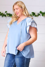 Load image into Gallery viewer, Blue Floral &amp; Stripe V Neck Tie Double Flutter Sleeve Top
