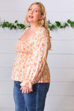 Load image into Gallery viewer, Peach/Teal Floral Square Neck Smocked Challis Blouse
