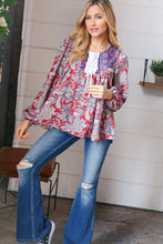 Load image into Gallery viewer, Blue/Rust Boho Eyelet Lace Up Babydoll Blouse
