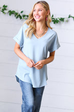 Load image into Gallery viewer, Ash Blue Wool Dobby Rolled Sleeve V Neck Top
