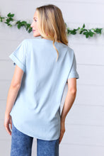 Load image into Gallery viewer, Ash Blue Wool Dobby Rolled Sleeve V Neck Top
