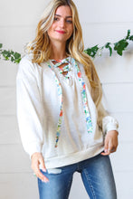 Load image into Gallery viewer, Cream Cotton Terry Floral Print Lace Up Pullover
