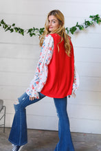 Load image into Gallery viewer, Red Chiffon Foiled Floral Thread Ruffle Sleeve Blouse
