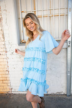 Load image into Gallery viewer, Sky Blue V Neck Flutter Sleeve Frill Ruffle Lined Dress
