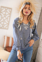 Load image into Gallery viewer, Blue Cotton Terry Floral Lace Up Bubble Sleeve Pullover
