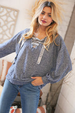 Load image into Gallery viewer, Blue Cotton Terry Floral Lace Up Bubble Sleeve Pullover
