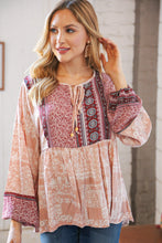 Load image into Gallery viewer, Berry Ethnic Floral Front Beaded Tie Peasant Woven Blouse
