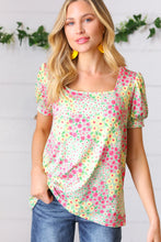 Load image into Gallery viewer, Canary/Mint Floral Square Neck Bubble Sleeve Top
