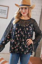 Load image into Gallery viewer, Black Floral Lace Color Block Bell Sleeve Blouse
