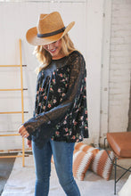 Load image into Gallery viewer, Black Floral Lace Color Block Bell Sleeve Blouse

