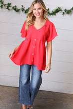 Load image into Gallery viewer, Cherry Red Babydoll Button Down Raglan Woven Top
