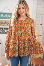 Load image into Gallery viewer, Cinnamon Floral Tiered Bubble Sleeve Keyhole Clasp Blouse
