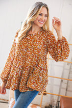 Load image into Gallery viewer, Cinnamon Floral Tiered Bubble Sleeve Keyhole Clasp Blouse
