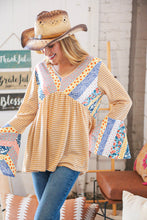 Load image into Gallery viewer, Mustard Ethnic Stripe Two Tone Bell Sleeve Knit Top
