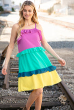 Load image into Gallery viewer, Fuchsia Shoulder Strap Color Block Tiered Ruffle Dress
