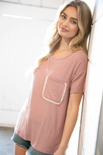 Load image into Gallery viewer, Rose Loose Fit Rib Knit Lace Edge Front Pocket Top
